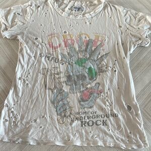 Lauren Moshi Women’s CBGB Skull Rock Ripped Short Sleeve Tee - Size XS